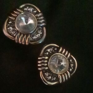 Vintage Gold and Silver Earrings with exaggerated crystal centerpieces clip on